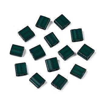 2-Hole Baking Paint Glass Seed Beads, Rectangle, Dark Green, 5x4.5~5.5x2~2.5mm, Hole: 0.5~0.8mm