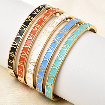 304 Stainless Steel Enamel Hinged Bangles, Wide Bangles for Women, Roman Numerals, Ion Plating(IP), Real 18K Gold Plated, Inner Diameter: 1.91 inch(4.85cm)x2.36 inch(6cm)