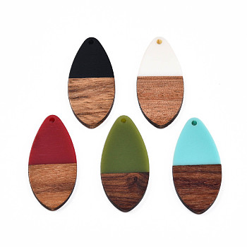 Opaque Resin & Walnut Wood Pendants, Teardrop Shape Charm, Mixed Color, 38x18x3mm, Hole: 2mm