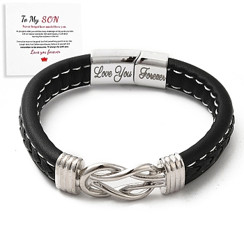 Word Love You Forever Stainless Steel Interlocking Knot Link Bracelet, Braided Leather Wristband Gifts for Son, Black, 8-7/8 inch(22.5cm)