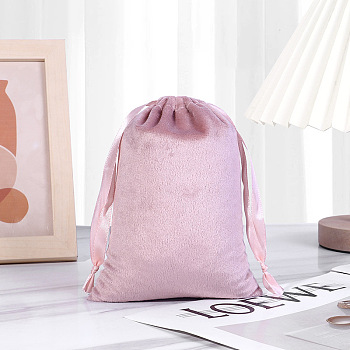 Velvet Storage Bags, Drawstring Pouches Packaging Bag, Rectangle, Pearl Pink, 10x8cm