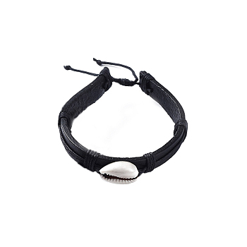Adjustable Cowhide Leather Cord Braided Bracelets, with Cowrie Shell Beads and Nylon Thread Cord, Burlap Paking Pouches Drawstring Bags, Black, 1-3/4 inch~3 inch(4.5~7.8cm), 10.5mm
