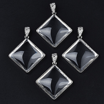Glass Pendants, with Brass Findings, Rhombus, Platinum, Clear, 47.5x43x9.5mm, Hole: 9mm