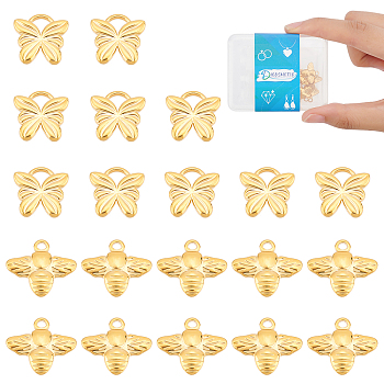 20Pcs 2 Style 304 Stainless Steel Charms, Textured, Bees & Butterfly, Golden, 11~12.5x12~15x2mm, Hole: 1.5~3mm, 10pcs/style