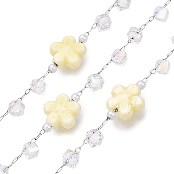 Handmade Porcelain Bead Flower Chains, for Necklaces Bracelets Making, with 304 Stainless Steel Chains, Soldered, with Spool, Champagne Yellow, 11.5x12x5.5mm, cube: 4.5x4.5x4.5, links: 2x1.5x0.2mm & 2.5x1x0.2mm, interval: 14mm, about 10m/roll