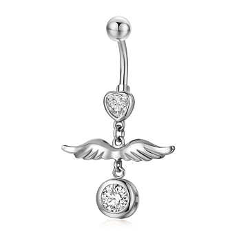 Piercing Jewelry, Brass Cubic Zirciona Navel Ring, Belly Rings, with 304 Stainless Steel Bar, Lead Free & Cadmium Free, Wing, Clear, 41.5mm, Pendant: 19.5x25.5mm, Bar: 14 Gauge(1.6mm), Bar Length: 3/8"(10mm)