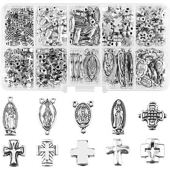 245Pcs 10 Style DIY Religion Theme Making Finding Kit, Including Alloy Beads & Chandelier Component Links & Pendants, Oval with Virgin Mary & Cross, Antique Silver, 8~25x5.5~12.5x1.5~5mm, Hole: 1.2~2mm, 245Pcs/box