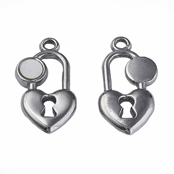 304 Stainless Steel Charms, with White Shell, Heart-Shaped Lock, Stainless Steel Color, 20x11x2.5mm, Hole: 1.6mm