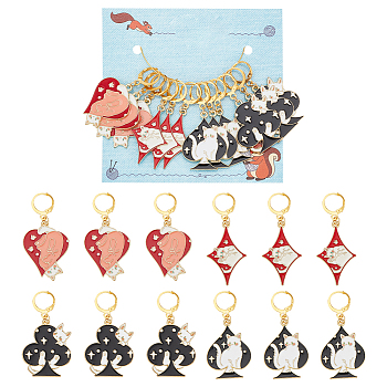 Poker Sign with Cat Pattern Alloy Enamel Pendant Stitch Markers, Crochet Leverback Hoop Charms, Locking Stitch Marker with Wine Glass Charm Ring, Mixed Color, 4.7~5.1cm, 4 style, 3pcs/style, 12pcs/set