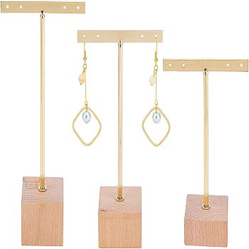 Iron Earring Display Stands, with Wooden Base, Square, Golden, 7.5x4x11.85cm, 3pcs/set