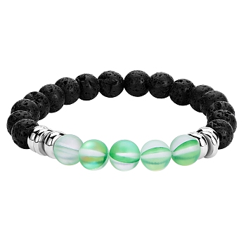 Synthetic Moonstone & Natural Lava Rock Round Beaded Stretch Bracelet, Essential Oil Gemstone Jewelry for Women, Green, Inner Diameter: 2-1/8 inch(5.5cm)