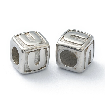 304 Stainless Steel European Beads, Large Hole Beads, Horizontal Hole, Cube with Letter, Stainless Steel Color, Letter.U, 8x8x8mm, Hole: 4mm