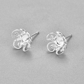 304 Stainless Steel Stud Earring Findings, 5-Petal, Flower, Silver, 16mm, Flower: 10x4.5mm, Tray: 4mm, Pin: 0.7mm