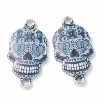 Alloy Enamel Links Connectors, Sugar Skull, for Mexico Holiday Day of the Dead, Platinum, Light Steel Blue, 25.5x13.5x2.5mm, Hole: 1.6mm