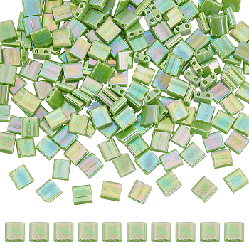 240Pcs 2-Hole Baking Paint Opaque Colours Glass Seed Beads, Rectangle, Light Green, 5x4.5~5.5x2~2.5mm, Hole: 0.5~0.8mm