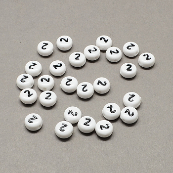 White and Black Acrylic , Flat Round with Num.2, 7x4mm, Hole: 1.3mm, about 3600pcs/500g