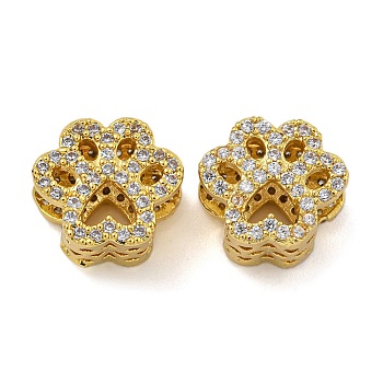 Rack Plating Brass Micro Pave Cubic Zirconia Beads, Long-Lasting Plated, Cadmium Free & Lead Free, Paw Print, Real 18K Gold Plated, 10x12x8mm, Hole: 4.5mm