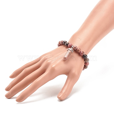 Natural Rhodonite Round Beaded Stretch Bracelet with Bullet Shape Charm(BJEW-JB08310-01)-3