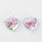 Handmade Luminous Lampwork Pendants, with Inner Flower, Heart, Pink, 27~33x21~23x9~11mm, Hole: 4~7mm(LAMP-R136-04F)