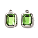 High Polished 304 Stainless Steel Pendants, with Glass, Rectangle Charms, Green, 13.5x9x4mm, Hole: 1.4mm(STAS-L022-062P-02)