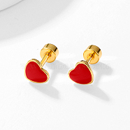 Heart Stainless Steel Stud Earring, with Enamel, Real 18K Gold Plated, Red, 6x6mm(NR5432-02)