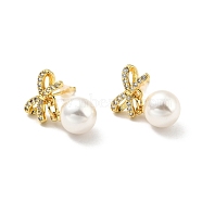 Clear Cubic Zirconia Bowknot with Plastic Pearl Dangle Stud Earrings, Gold Plated Brass Jewelry for Women, Cadmium Free & Lead Free, White, 23.5mm, Pin: 0.8mm(EJEW-G282-07G-01)