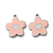 304 Stainless Steel Enamel Charms, Flower with Heart Charms, Pink, Stainless Steel Color, 12x10x1.5mm, Hole: 1mm(STAS-L022-017P)