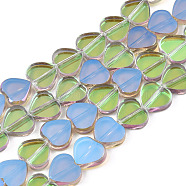 Transparent Electroplate Glass Beads Strands, Half Plated, Heart, Light Green, 9.5x10.5x3mm, Hole: 0.8mm, about 60pcs/strand, 21.65 inch(55cm)(EGLA-N006-080-A03)