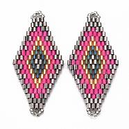 MIYUKI & TOHO Handmade Japanese Seed Beads Links, Loom Pattern, Rhombus, Hot Pink, 43~44.1x19.4~20.2x1.6~1.8mm, Hole: 1.6~1.8mm(SEED-E004-L19)