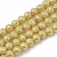 Electroplated Natural Lava Rock Beads Strands, Round, Bumpy, Gold, 8~8.5mm, Hole: 1mm, about 46pcs/strand, 14.5 inch(G-T098-01C-09)