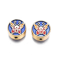 Rack Plating Alloy Enamel Beadss, Cadmium Free & Lead Free, Light Gold, Flat Round with Butterfly, Royal Blue, 10x4.5mm, Hole: 1.2mm(ENAM-N056-002-RS)