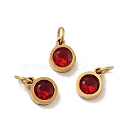 Vacuum Plating 304 Stainless Steel Pendants, with Cubic Zirconia and Jump Rings, Single Stone Charms, Flat Round, Golden, Dark Red, 8.5x6.5x3mm, Hole: 3.6mm(STAS-D189-07G-B04)