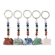 Rabbit Natural Gemstone Keychain, with 7 Chakra Beads and Iron Key Rings, for Women Men Hanging Car Bag Charms, 10.3~10.4cm(KEYC-F040-01)