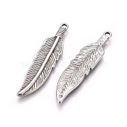 Tibetan Style Alloy Charms, Lead Free & Cadmium Free, Feather, Antique Silver, 42x10x2mm, Hole: 2mm(TIBEP-16624-AS-RS)