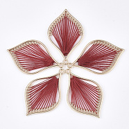 Cotton Thread Woven Pendants, with Alloy Findings, Leaf, Golden, FireBrick, 43x26.5x2mm, Hole: 1.8mm(X-FIND-S306-03E)