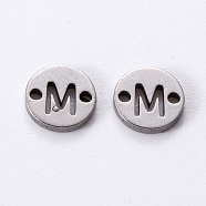 201 Stainless Steel Links, Laser Cut, Flat Round with Letter, Letter.M, 6x6x1mm, Hole: 0.8mm(STAS-R112-01M)