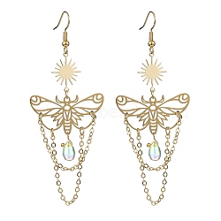 201 Stainless Steel Butterfly Dangle Earrings, with Glass Teardrop Charm, Brass Jewelry for Women, Sun, Golden, 80x32mm(EJEW-TA00367-01)