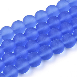 Transparent Glass Beads Strands, Frosted, Round, Royal Blue, 9.5~10mm, Hole: 1.5mm, about 41~42pcs/strand, 14.88~15.12 inch(37.8~38.4cm)(GLAA-T032-T10mm-MD04)