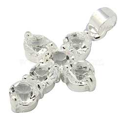 Brass Rhinestone Pendants, Grade A, Cross, Silver Color Plated, Clear, Size: about 16mm wide, 28mm long, 4mm thick, hole: 3.5mm(X-RB-H043-1)