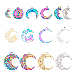 PandaHall Elite 28pcs 14 style Stainless Steel Pendant, Moon, Mixed Color, 12~30x8.5~26.5x0.3~3.5mm, Hole: 1.2~2mm, 2pcs/style(STAS-PH0005-13)