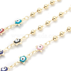 Golden Brass Enamel Link Chain, Long-Lasting Plated, with Spool, Soldered, Evil Eye, Colorful, 11.5x5.5x2.5mm, 32.8 Feet(10m)/roll(CHC-H103-11A-G)