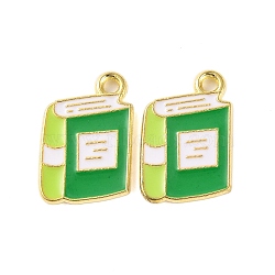 Golden Plated Alloy Enamel Pendants, Cadmium Free & Lead Free, Book Charm, Green, 17x11x1mm, Hole: 1.6mm(ENAM-Z017-12G-02)