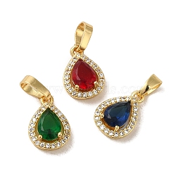 Brass Micro Pave Cubic Zirconia Pendants, with Glass, Real 18K Gold Plated, Teardrop, Mixed Color, 13x9x4.5mm, Hole: 6x4mm(KK-R162-064G)