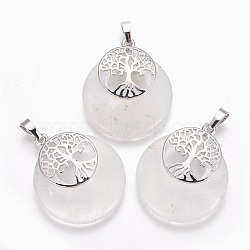 Natural Quartz Crystal Pendants, Rock Crystal Pendants, with Platinum Tone Brass Findings, Flat Round with Tree of Life, 32.5~33x27.5~28x5~6mm, Hole: 5x7mm(G-F573-C13)