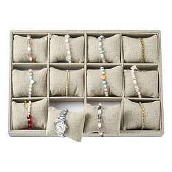 Imitation Burlap Jewelry Bracelet Displays, 12 Grids Pillows Without Lid Tray Jewelry Storage Holder, with Wood, Tan, 353x243x41mm(BDIS-G002-04)