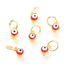 Brass Enamel Pendants, Long-Lasting Plated, Real 18K Gold Plated, with Jump Rings, Column with Evil Eye, Red, 5x3.5x4.5mm,Jump Ring: 5x0.6mm, 3mm inner diameter.(KK-Y001-02C-04G)