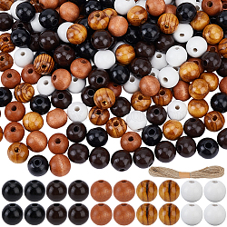 200Pcs 4 Colors Spray Painted Round Natural Schima Wood Beads, with 1Bundle Jute Twines, Mixed Color, 15.5~16mm, Hole: 3~5mm(WOOD-PA0001-73D)