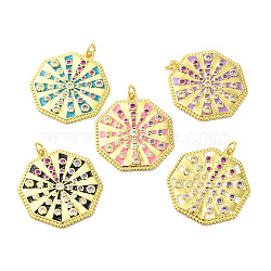 Rack Plating Brass Pave Cubic Zirconia Pendants, with Enamel & Jump Ring, Lead Free & Cadmium Free, Real 18K Gold Plated, Long-Lasting Plated, Octagon Charm, Mixed Color, 29.5x27x2.5mm, Hole: 3.4mm(KK-O142-60G)