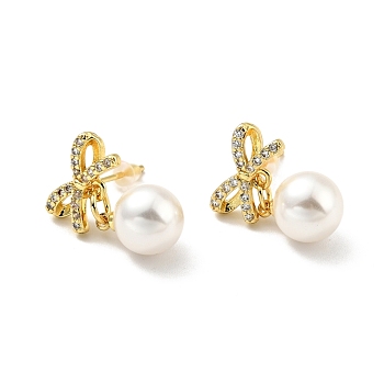 Clear Cubic Zirconia Bowknot with Plastic Pearl Dangle Stud Earrings, Gold Plated Brass Jewelry for Women, Cadmium Free & Lead Free, White, 23.5mm, Pin: 0.8mm
