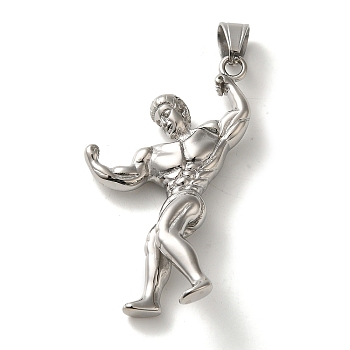 Hip Hop Fitness 316L Surgical Stainless Steel Pendants, Muscular Men Charm, Stainless Steel Color, 61x41x10.5mm, Hole: 9.5x7mm